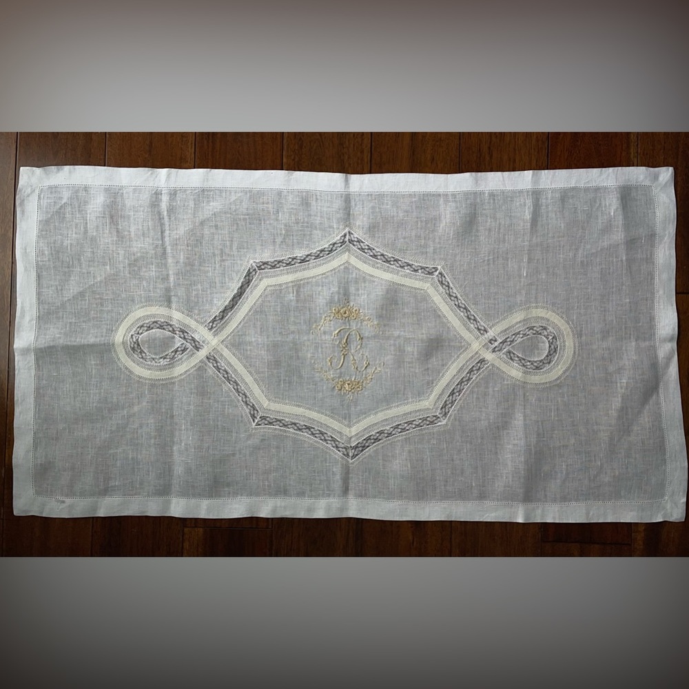 Vintage Linen White One Beige “R” Hand Embroidered Table Runner.